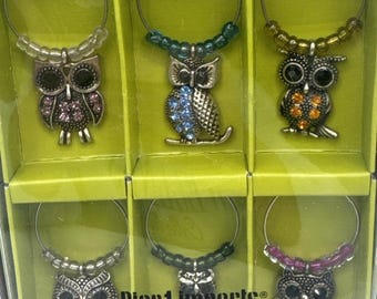 Pier 1 Importe Eule Metall Strass Weinglas trinken Charms Set von 6 Silberton