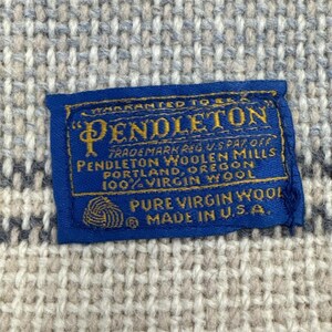 Vintage Pendleton Wool Throw 66”x52” Blanket Striped Beige Cream Blue Fringe image 2