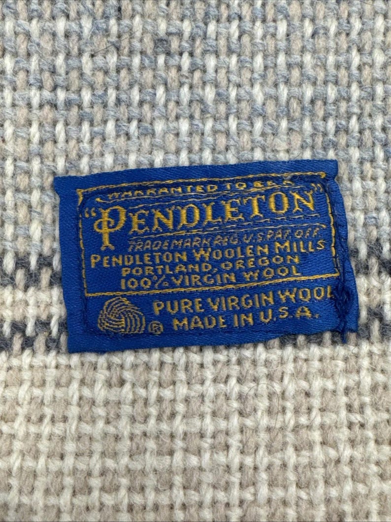 Vintage Pendleton Wool Throw 66”x52” Blanket Striped Beige Cream Blue Fringe image 2