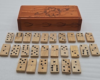 Vintage Dominos Set of 26 Wood Tiles In A Designed Wooden Box