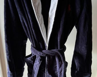 Polo Ralph Lauren Bathrobe Mens OSFM Blue Cotton Belted Terry Red Pony 2 Pockets