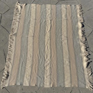 Vintage Pendleton Wool Throw 66”x52” Blanket Striped Beige Cream Blue Fringe image 3