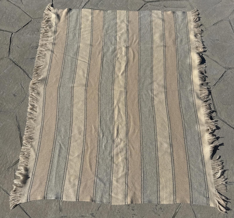 Vintage Pendleton Wool Throw 66”x52” Blanket Striped Beige Cream Blue Fringe image 3