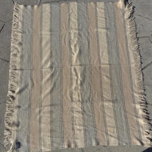 Vintage Pendleton Wool Throw 66”x52” Blanket Striped Beige Cream Blue Fringe image 4