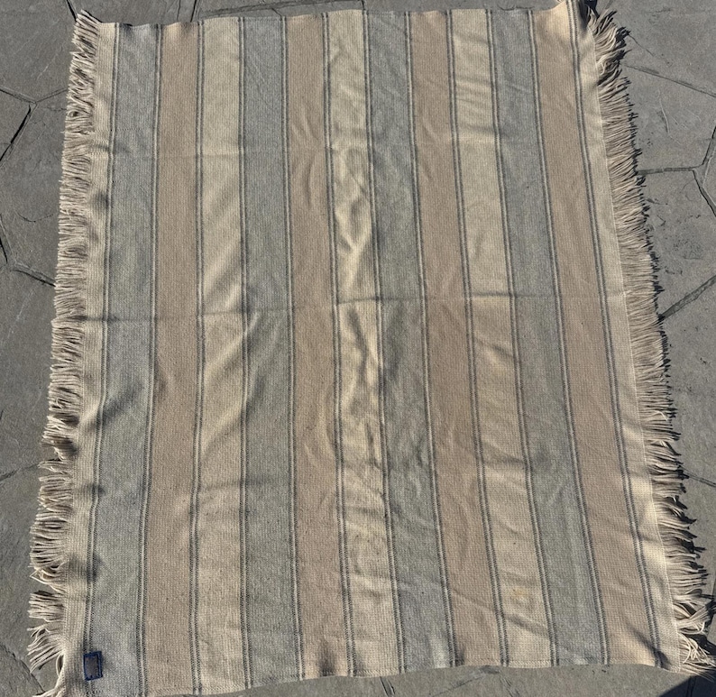 Vintage Pendleton Wool Throw 66”x52” Blanket Striped Beige Cream Blue Fringe image 4
