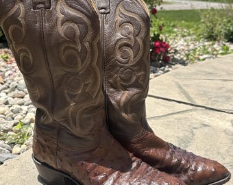 Vintage Nocona Cowboy Boots Herren 10-1 / 2 ”D Braun Quill Straußenleder Western