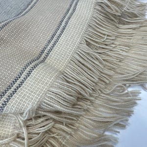 Vintage Pendleton Wool Throw 66”x52” Blanket Striped Beige Cream Blue Fringe image 6