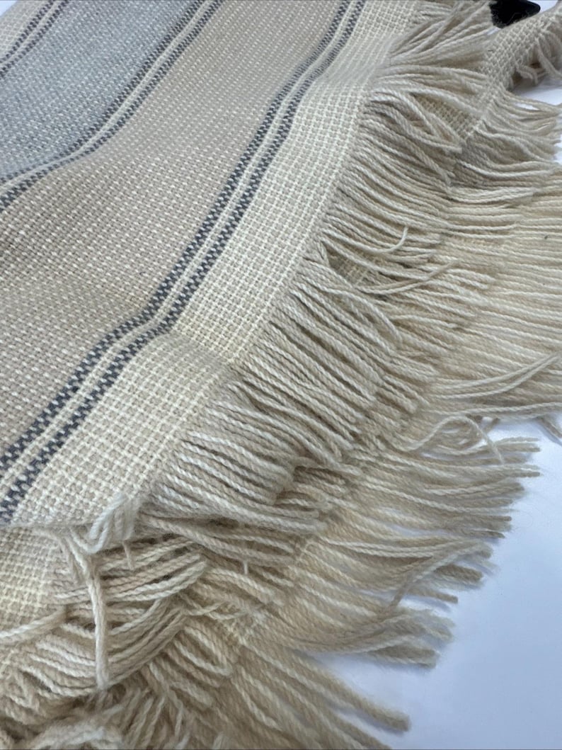 Vintage Pendleton Wool Throw 66”x52” Blanket Striped Beige Cream Blue Fringe image 6