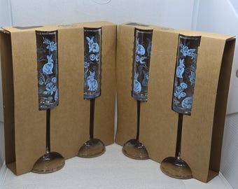 Set of 4 Vintage Glass Champagne Flutes Blue Bunny Print Easter 9 5/8" New 10Oz