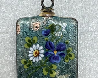 Vintage Guilloche Enamel Mini Perfume Bottle Flowers Necklace Pendant 1.5"