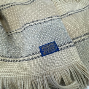 Vintage Pendleton Wool Throw 66”x52” Blanket Striped Beige Cream Blue Fringe image 1