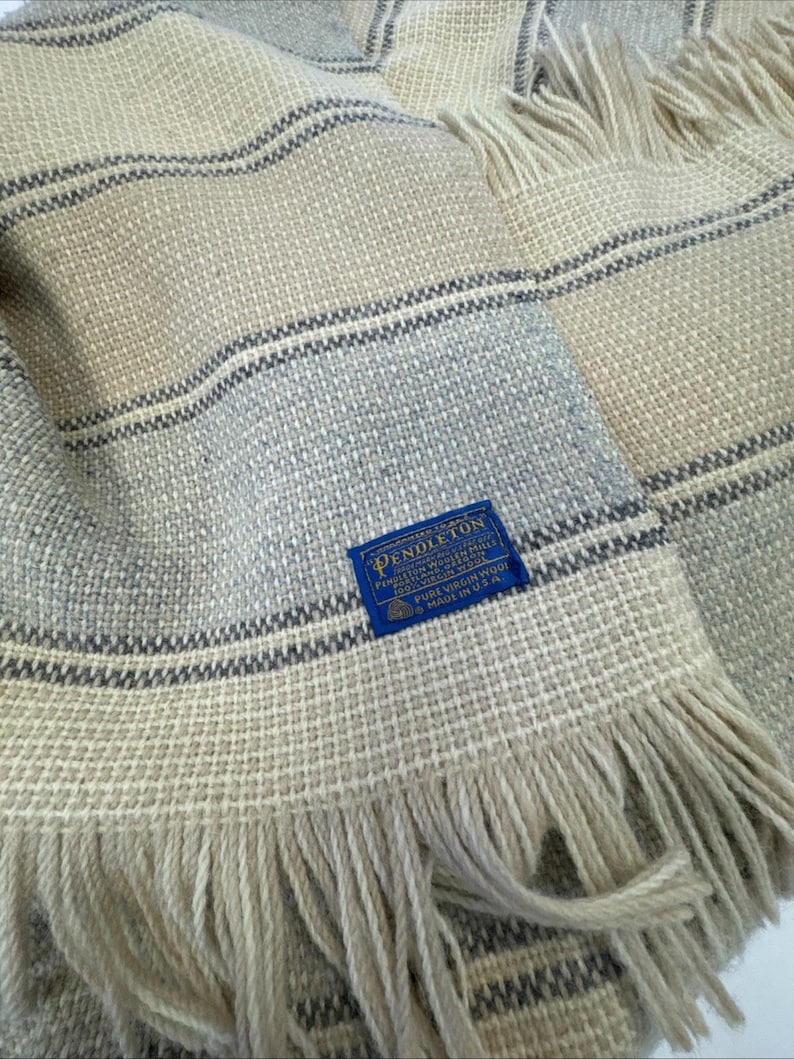 Vintage Pendleton Wool Throw 66”x52” Blanket Striped Beige Cream Blue Fringe image 1