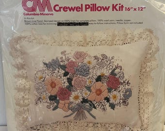Vintage 1978 Columbia-Minerva Crewel Pillow Kit 16x12 #7910 Brown Line Floral