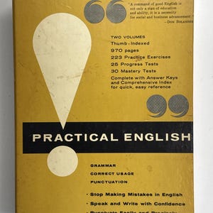 May include: A vintage "Practical English" book set with a gold and black cover. The cover design includes an exclamation mark and text detailing the contents, including grammar, punctuation, and exercises. The set includes two volumes with 970 pages.