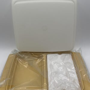 Tupperware NEU Eierbox für gefüllte Eier, gelber Deckel, perlmuttfarbene, herausnehmbare Einsätze