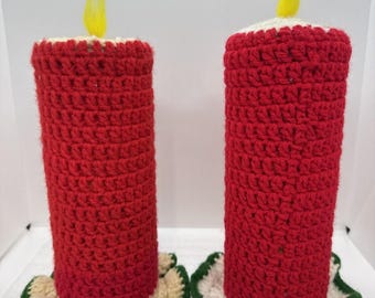 2 Vintage 12” Hand Crochet Christmas Pillar Candle Sleeves Red White Green