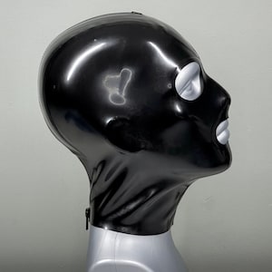 May include: A black latex hood with a silver eye hole and mouth opening. The hood is on a gray mannequin head.
