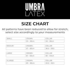 May include: Size chart for a latex product, showing measurements for crown and collar in centimeters for sizes small, medium, large, and extra large.