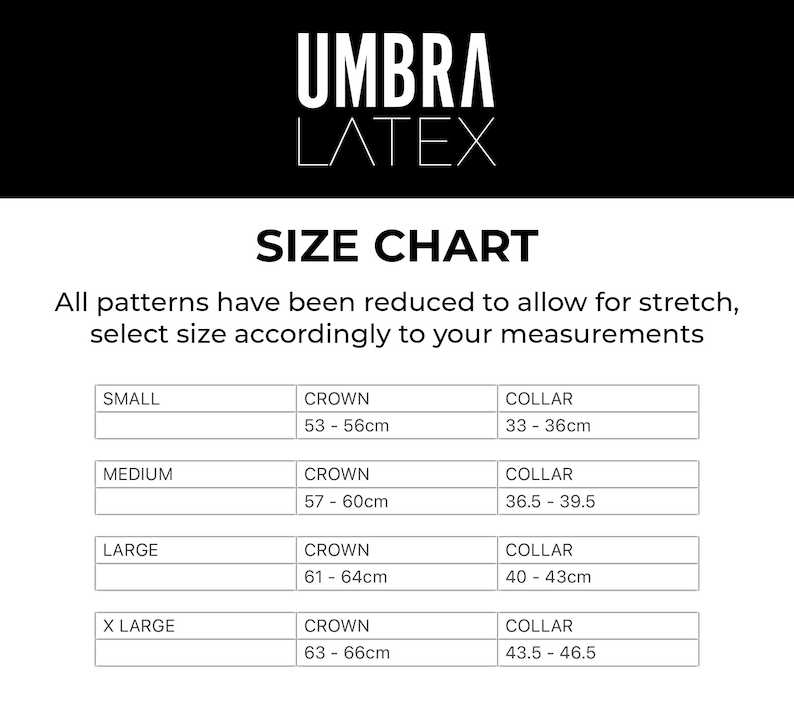 May include: Size chart for a latex product, showing measurements for crown and collar in centimeters for sizes small, medium, large, and extra large.