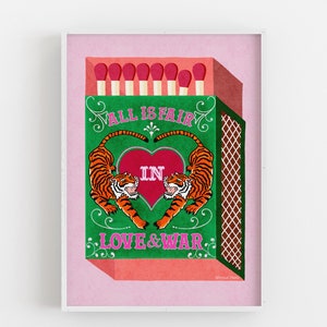 Retro Wall Art | All Is Fair In Love And War Matchbox | Tiger Art | Green | Printable