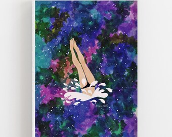 Dive Into The Universe | Feminism Art | Blue | Retro Wall Art | Printable