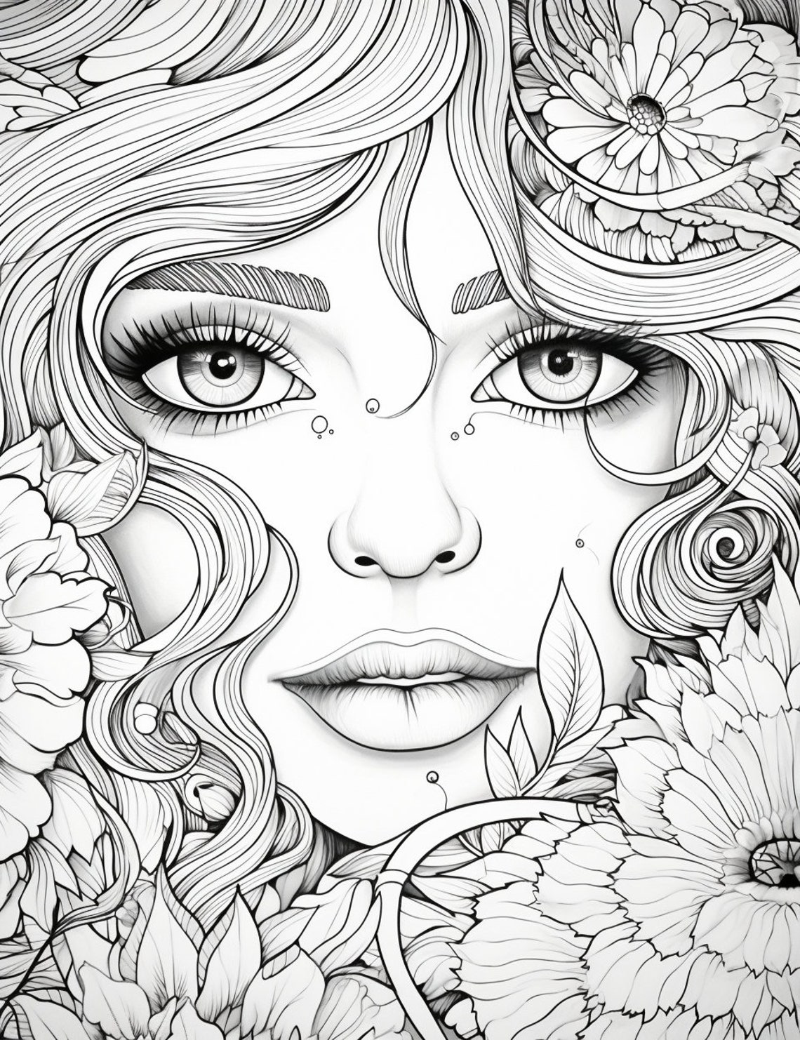 Woman's Face Coloring Page for Relaxing 12 Pages - Etsy