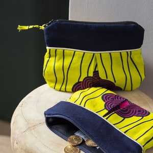 Geldbörse aus Wachsstoff mit Reißverschluss, Futter aus Öko-Tex-Baumwolle, afrikanischer Aufdruck, rosa und gelbe Farbe, goldene Paspelierung, IciNuee