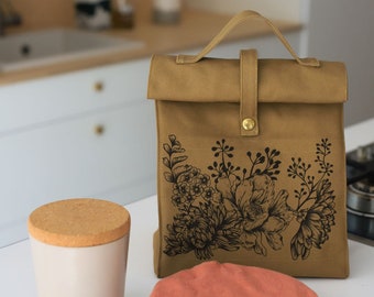 Sac à lunch, lunch box, sac à gouter et déjeuner, isotherme, motif fleurs, coton, sac vert