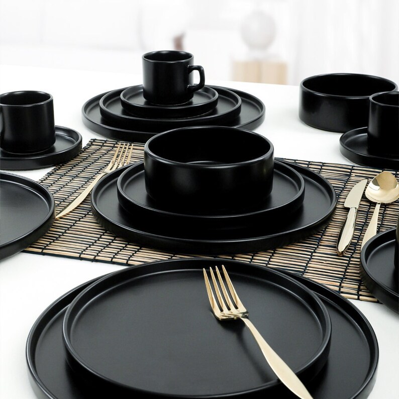 Matte Black & Cream Stackable Dinnerware Set / Breakfast Set - Etsy