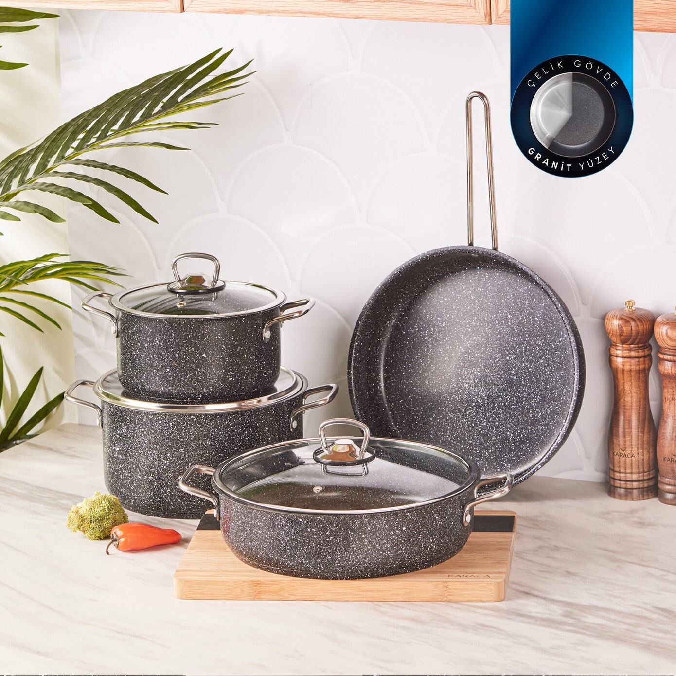 Karaca Biogranite Non-Stick Induction Cookware Set, 7 Piece, Grey - KARACA  UK