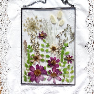 Großer gepresster Blumenrahmen, hängendes Glasdekor, Wanddekoration, botanische Kunst, gepresste Blumenkunst, echte getrocknete Blumen, Herbarium