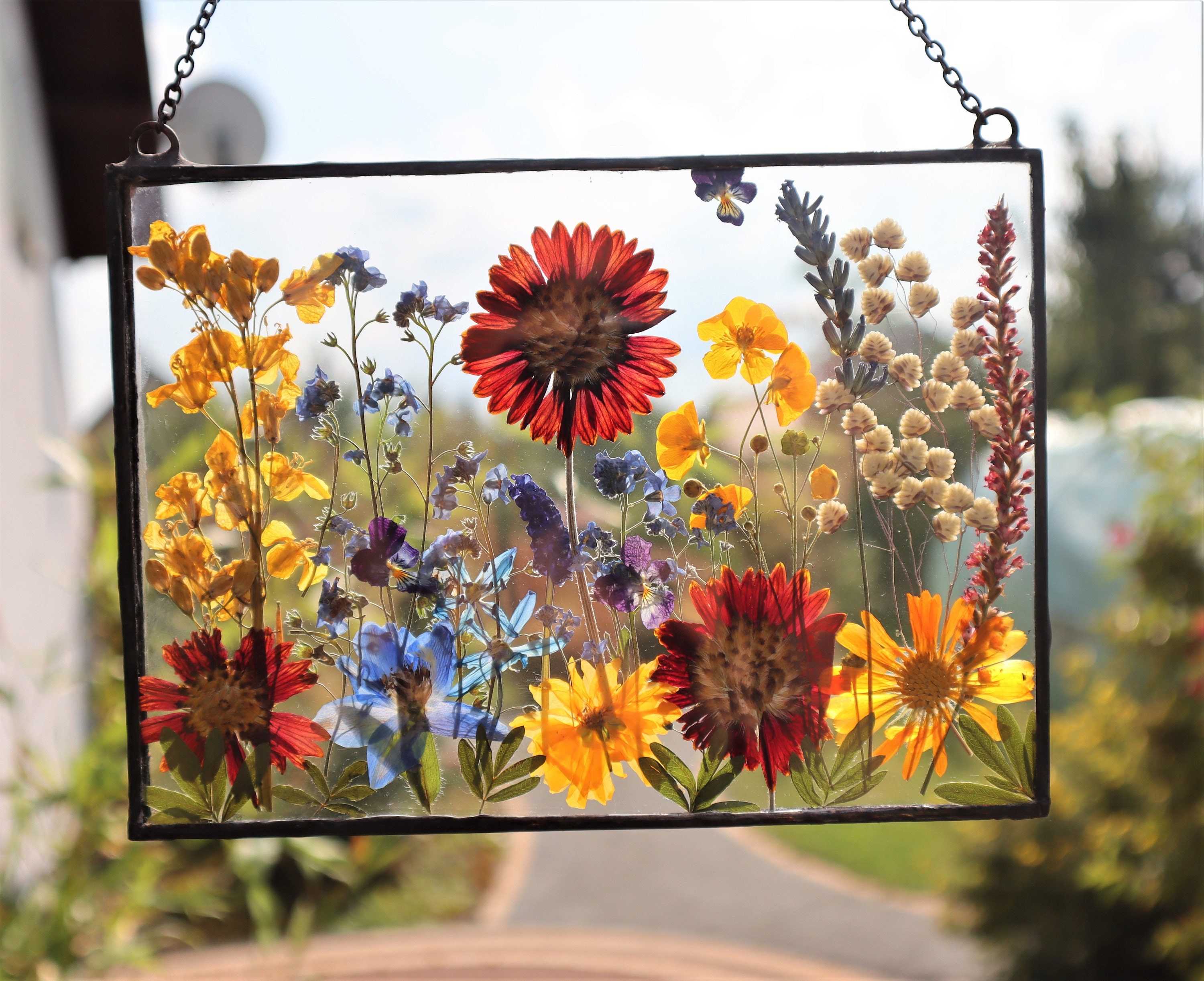 Pressed Flower Frame Stained Glass Decor Dried Flower Art in Floating Frame  Real Flowers Arched Herbarium Natural Botanic Wall Hanging 