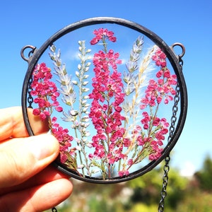 Suncatcher, stained glass frame, pressed flower art, botanical home décor, original and unique gift, botanical, dried flowers, herbarium