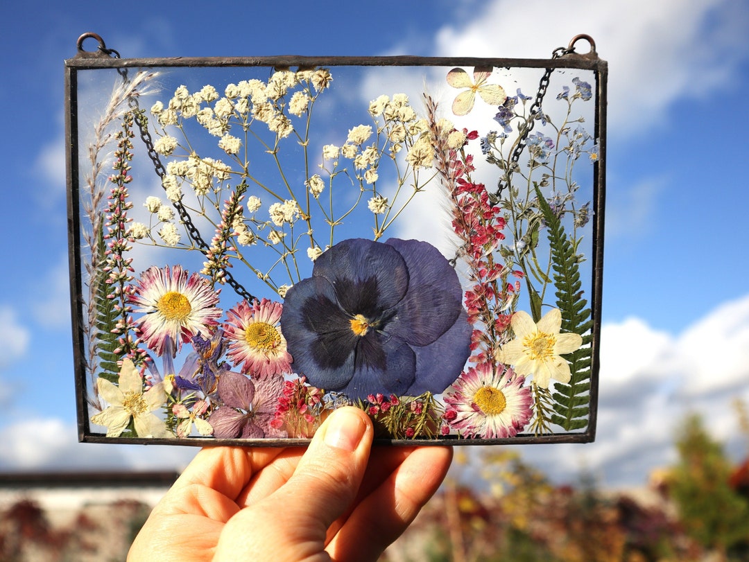 Hanging Glass Decor, Stained Glass Frame, Pressed Flower Frame, Pressed