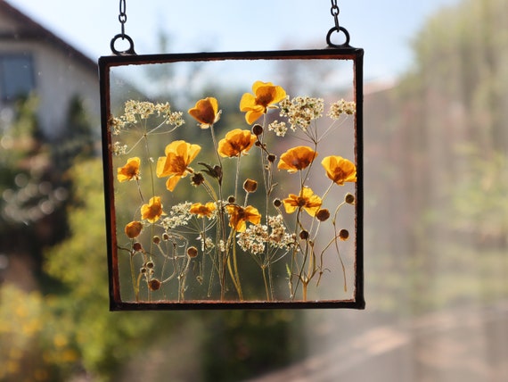 Framed Flowers, Dried Flower Frame, Stained Glass, Floating, Wall Hanging,  Window Hangings, Pressed Flower Frame, Housewarming Gift 