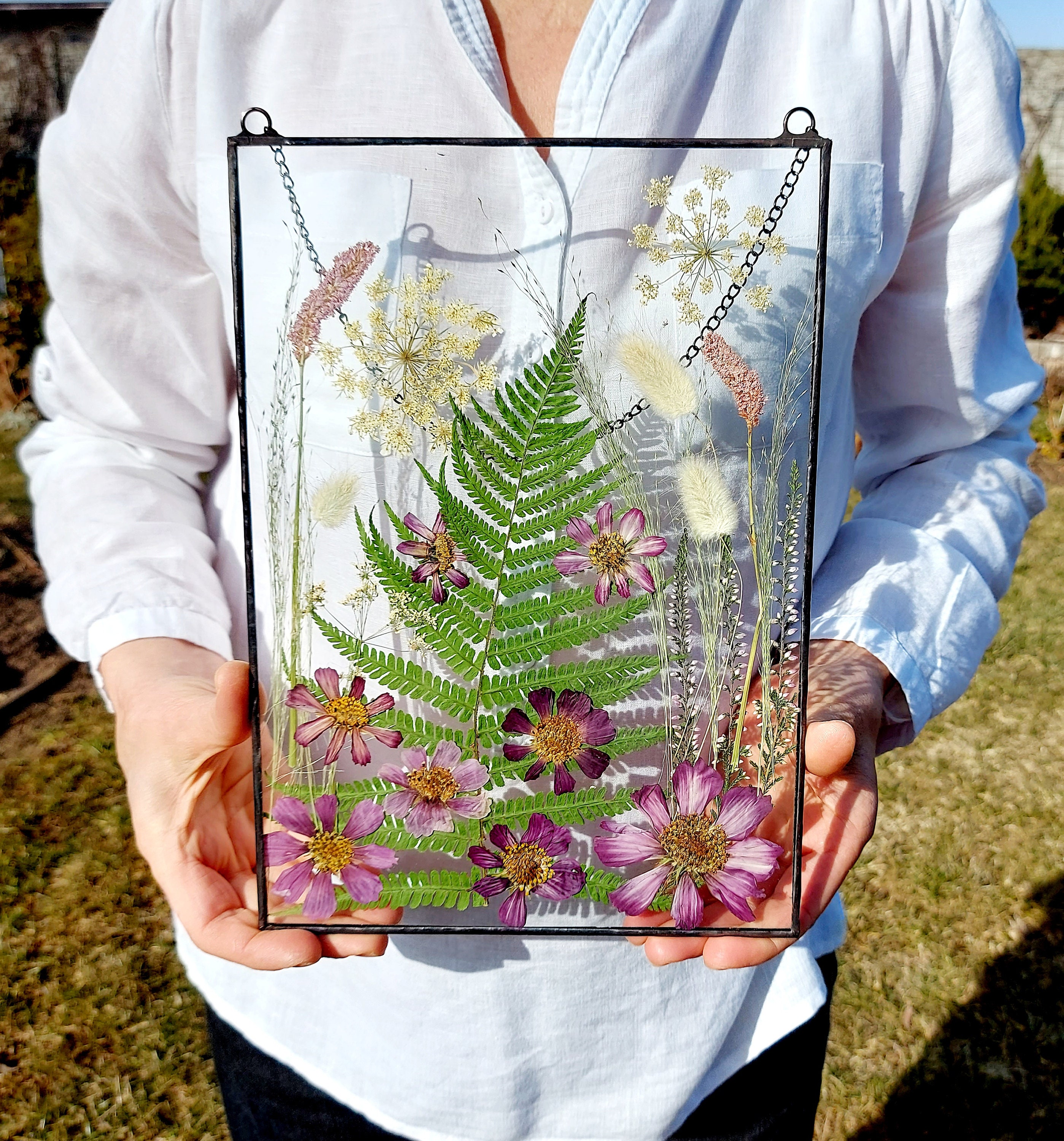 Real Dried Flowers, Dried Flower, Flower Hanging, Hanging Glass Decor,  Botanical Art, Large Pressed Flower Frame, Pressed Flower Art 