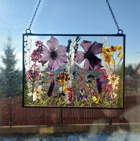 Framed Flowers, Dried Flower Frame, Stained Glass, Floating, Wall