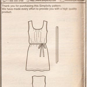 May include: A Simplicity sewing pattern, A1636, featuring a sleeveless dress design with a tie waist. The pattern includes the text "Simplicity" and contact information. The image is a line drawing of the dress.