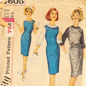 May include: A vintage Simplicity printed pattern envelope 605 for a dress, size 16, bust 36. The illustration shows three variations of a sheath dress in blue and patterned fabric, featuring different sleeve lengths, necklines, and a tie waist.