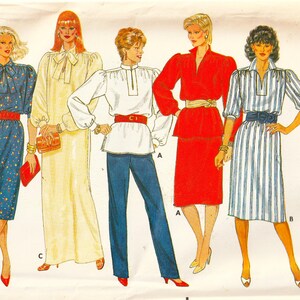 May include: A vintage Butterick sewing pattern with illustrations of five women's outfits. The designs include dresses, blouses, and skirts in various styles, reflecting 1980s fashion. The pattern number is 6372.