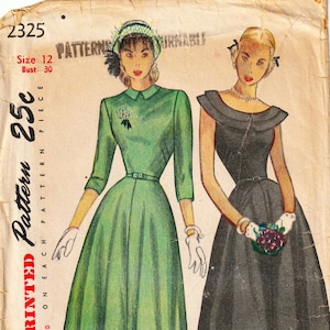 May include: A vintage Simplicity sewing pattern envelope 2325, size 12, bust 30, featuring illustrations of two dresses. One is a green dress with three-quarter sleeves and a collar, the other is a black dress with a wide neckline and full skirt.