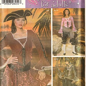 May include: Simplicity Costumes for Adults pattern featuring pirate-themed outfits. The main image showcases a woman in a brown pirate costume with a hat, long sleeves, and a patterned skirt. Additional images display other costume variations.