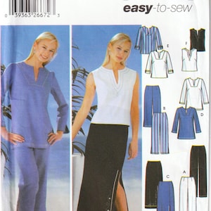 May include: Simplicity sewing pattern 5568 with women's clothing designs. The pattern includes a long-sleeved top and trousers set, a sleeveless top, and a long skirt with a side slit. The pattern is sized for 20W-28W.