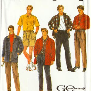 May include: Simplicity sewing pattern 9931 size HH (34-40) featuring illustrations of various outfits including a yellow short-sleeve shirt with shorts, a red jacket over a plaid shirt, a plaid jacket over a white shirt, and a blue jacket over a red turtleneck.