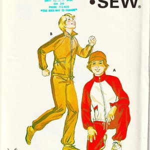 May include: Vintage Kwik Sew pattern 818 showing illustrations of tracksuits. The pattern includes a yellow tracksuit with green stripes and a red, white, and red tracksuit. Ages 4-6-8-10. The text "THE RODE-WAY TO FASHION" is visible.
