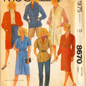 May include: A McCall's sewing pattern envelope 8670 featuring illustrations of six different outfits including a red coat, a blue belted jacket with shorts, a long sleeveless vest, a blue shirt dress, a tan short-sleeved jacket with pants, and a red polka dot dress.