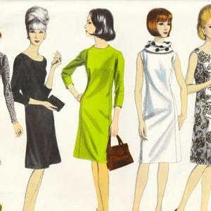 May include: Vintage Vogue Basic Dress pattern 1415. The illustration features five women in different dresses. The dresses are in various colors and patterns, including a black and white floral print, a solid green, and a white dress with black accents.