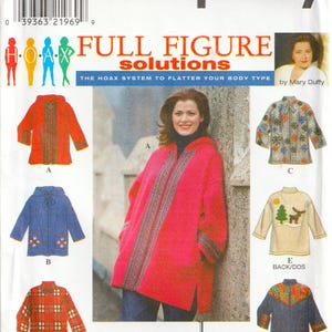 May include: Simplicity sewing pattern 8267 for full figure jackets in size GG, 26W-32W. The envelope displays six variations of hooded and collared jackets featuring diverse patterns, including solid red, blue, plaid, floral, and a moose graphic design.
