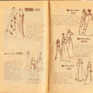 May include: Vintage sewing pattern catalog featuring illustrations of various dress designs. The catalog includes descriptions of each pattern, detailing features like empire waists, ruffled necklines, and sleeve styles. The catalog is open, displaying multiple pages.