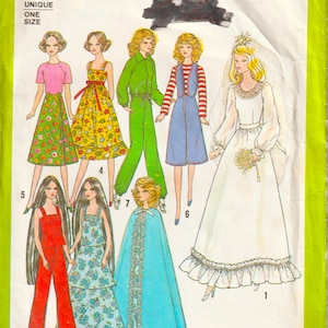 May include: A Simplicity 8281 sewing pattern envelope with a bright lime green border. The illustration features seven dolls wearing various outfits including a white wedding gown with a veil, a blue cape, floral dresses, a jumpsuit, and a vest.